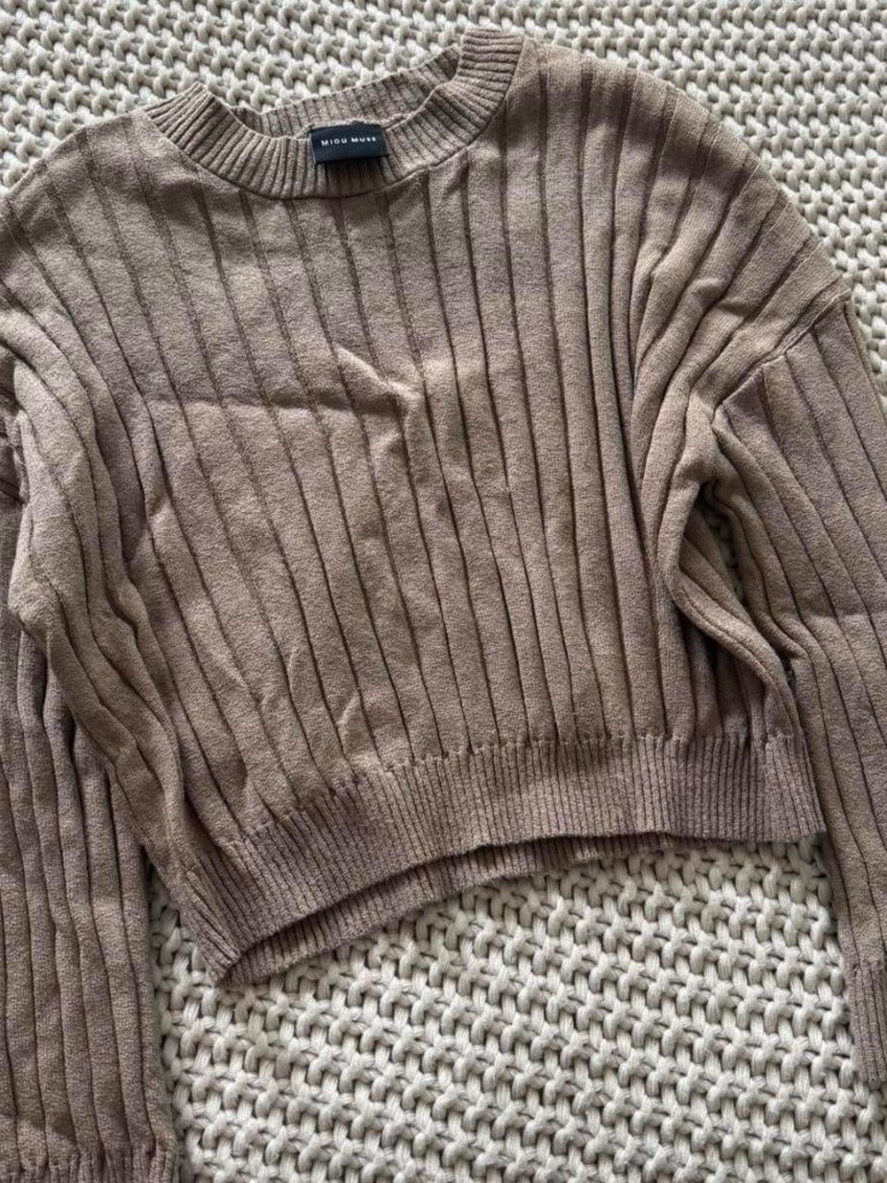 Miou Muse Taupe Ribbed Crew Neck Sweater